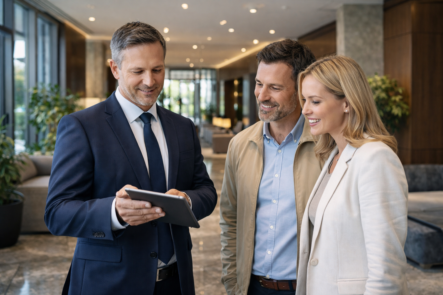 Building manager assisting residents in apartment lobby Sydney