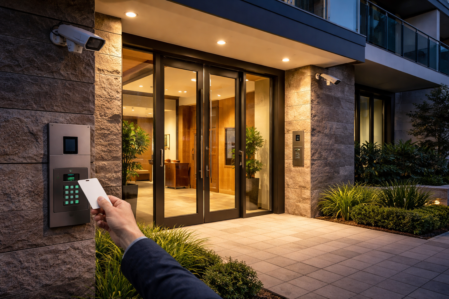 Secure apartment building entrance with surveillance and access control