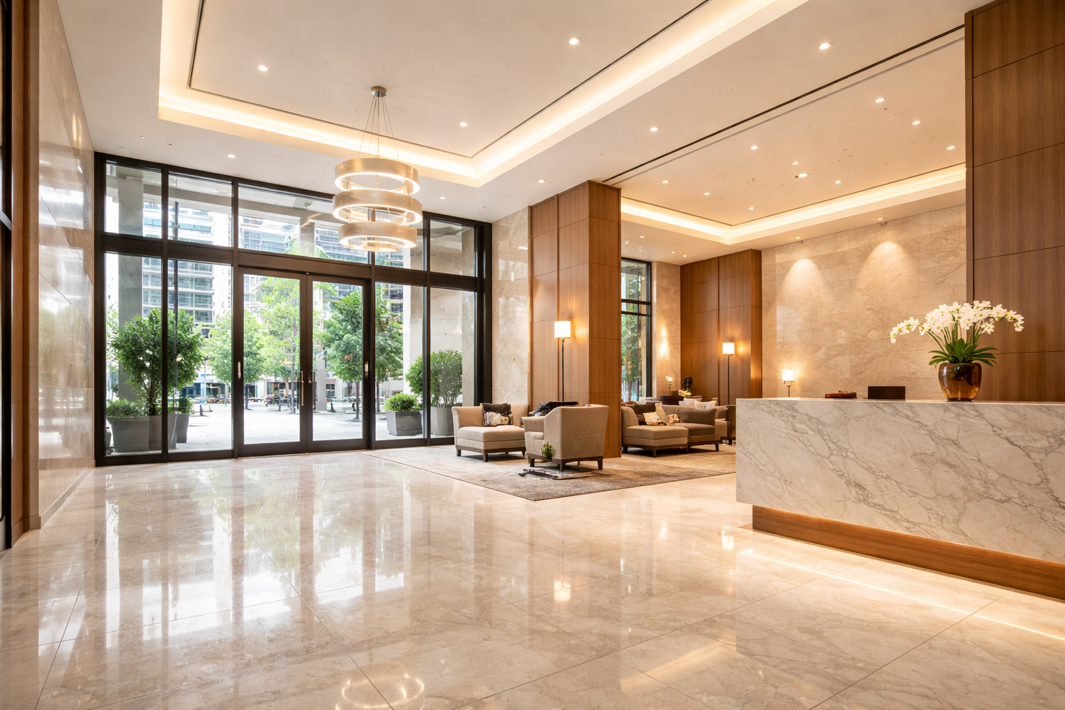 Luxury high-rise lobby with professional strata cleaning Sydney