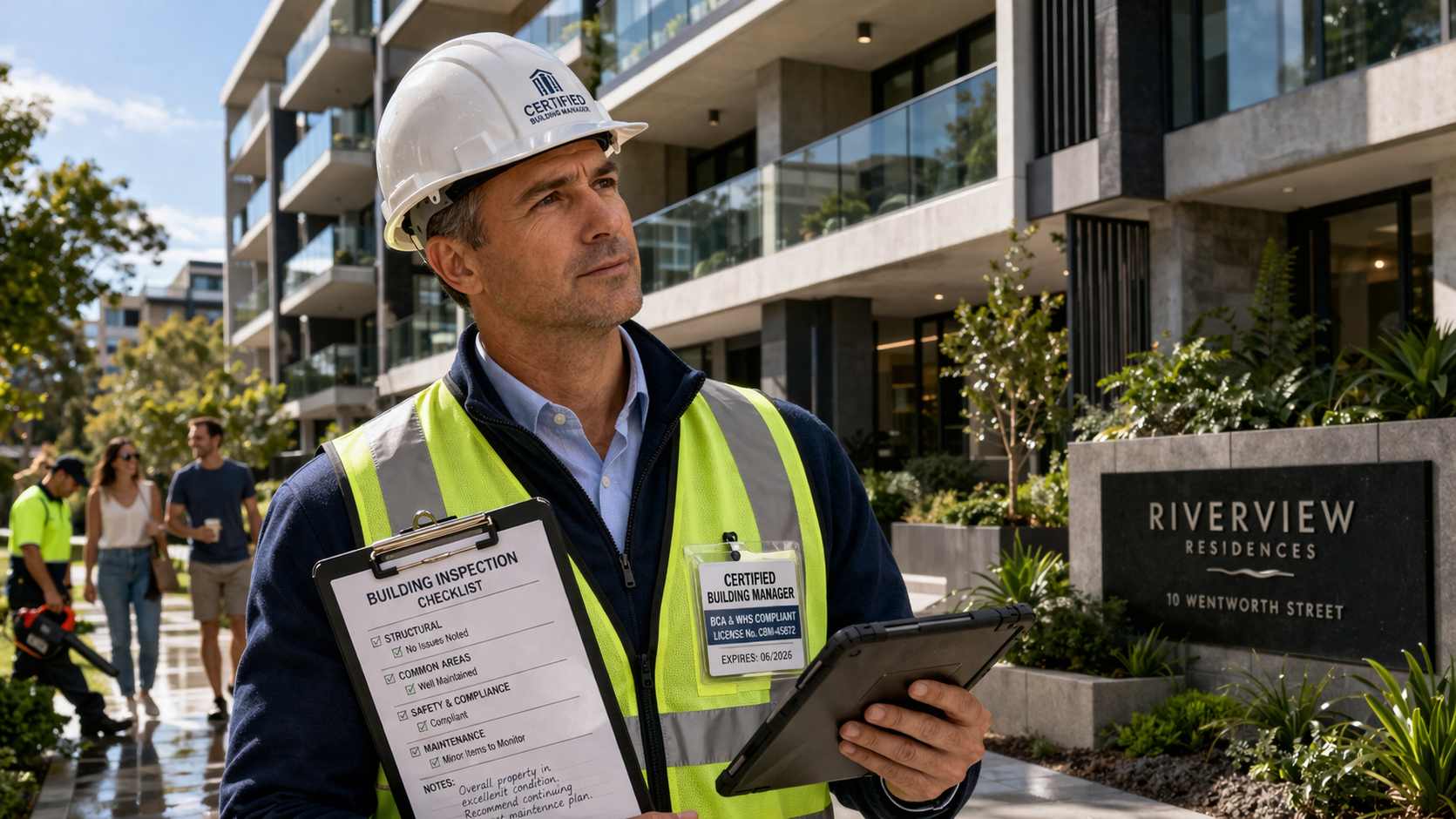 Professional building manager inspecting property and ensuring compliance