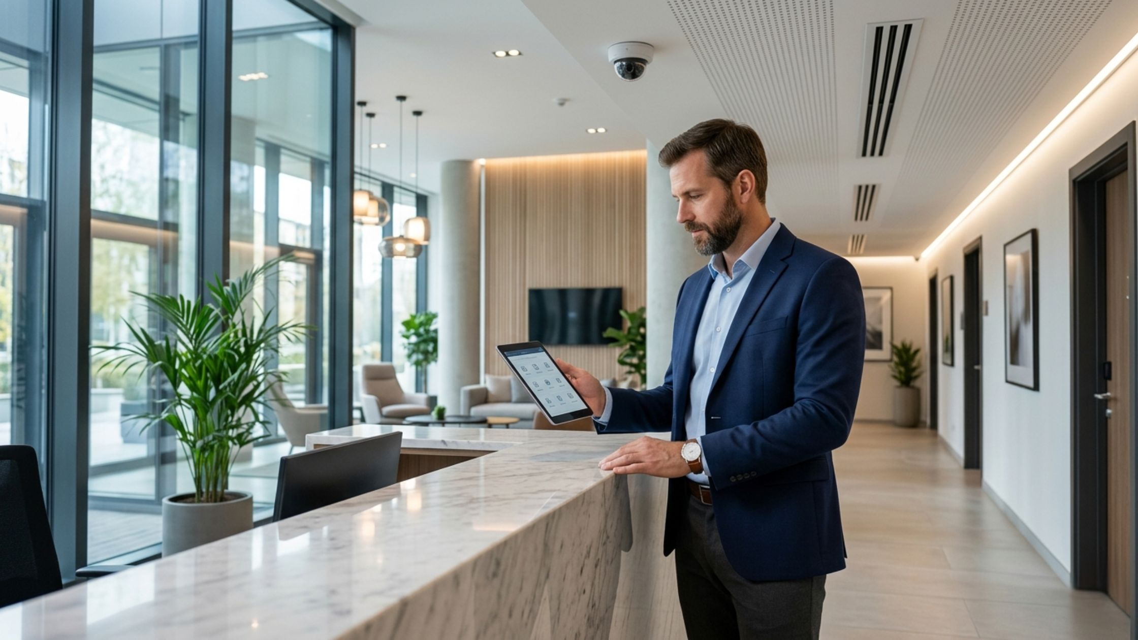 Facilities manager inspecting residential building systems using digital tools