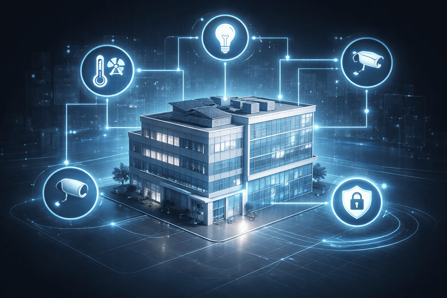 IoT based building automation system connecting sensors HVAC lighting and smart devices in commercial building