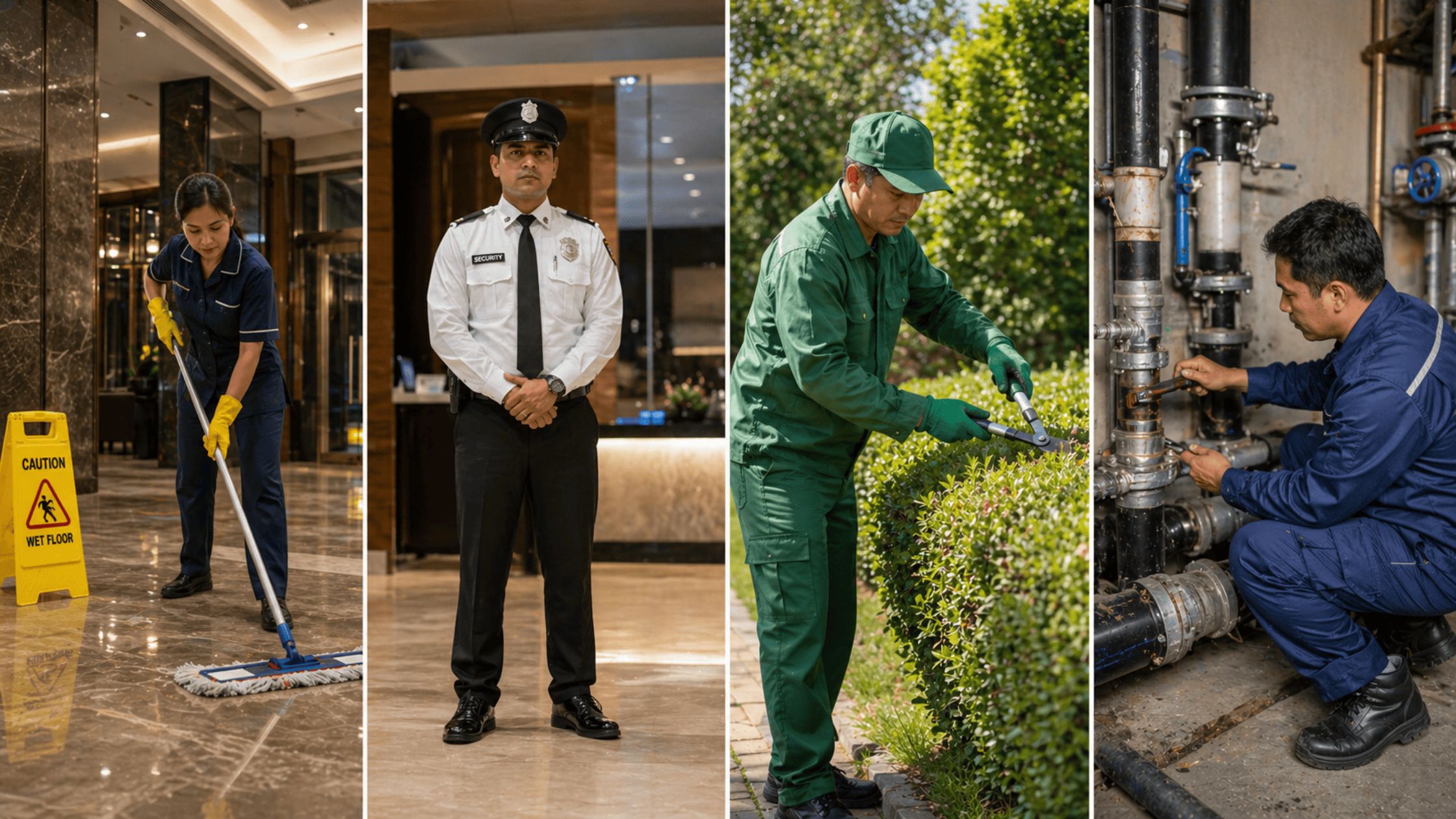 Residential facilities management services including cleaning security maintenance and landscaping