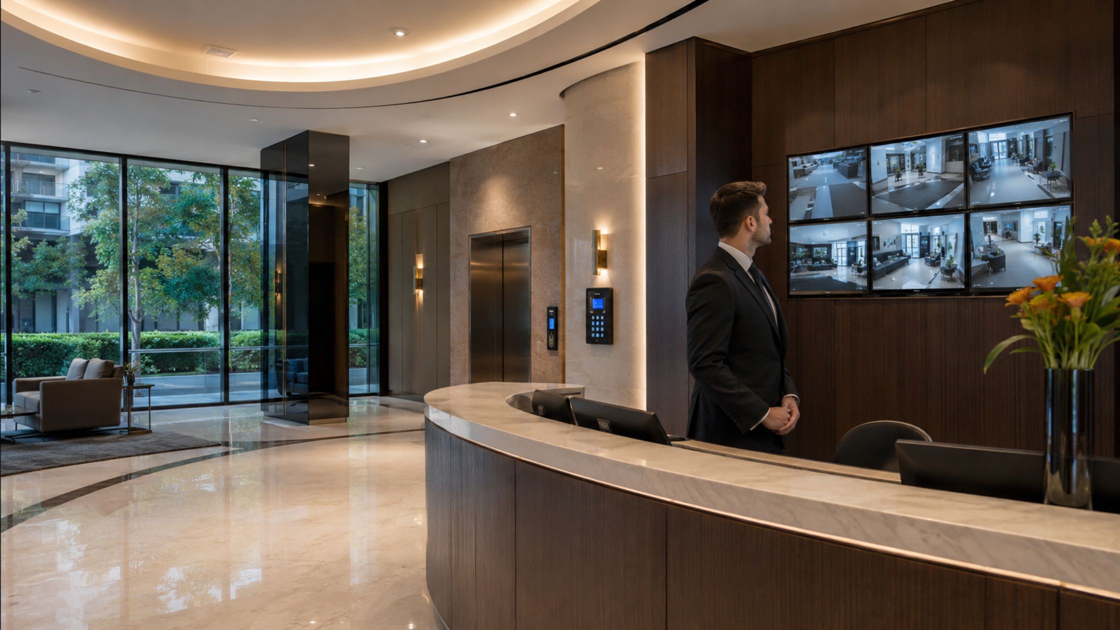 Building concierge monitoring CCTV security systems in a Sydney apartment lobby