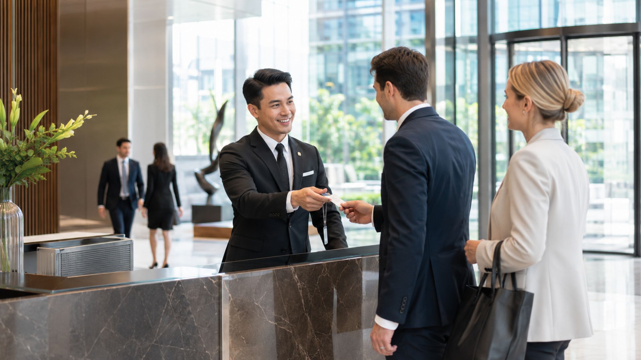 Corporate concierge assisting business visitors in a Sydney office building lobby