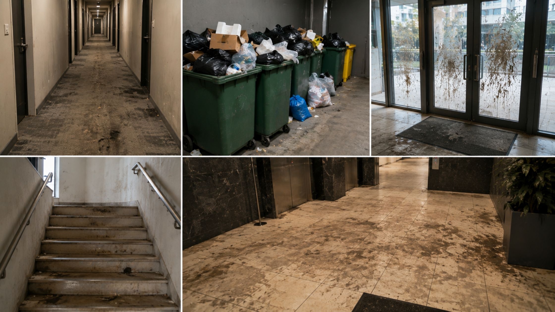 Dirty apartment building corridor and lobby with visible hygiene and maintenance issues