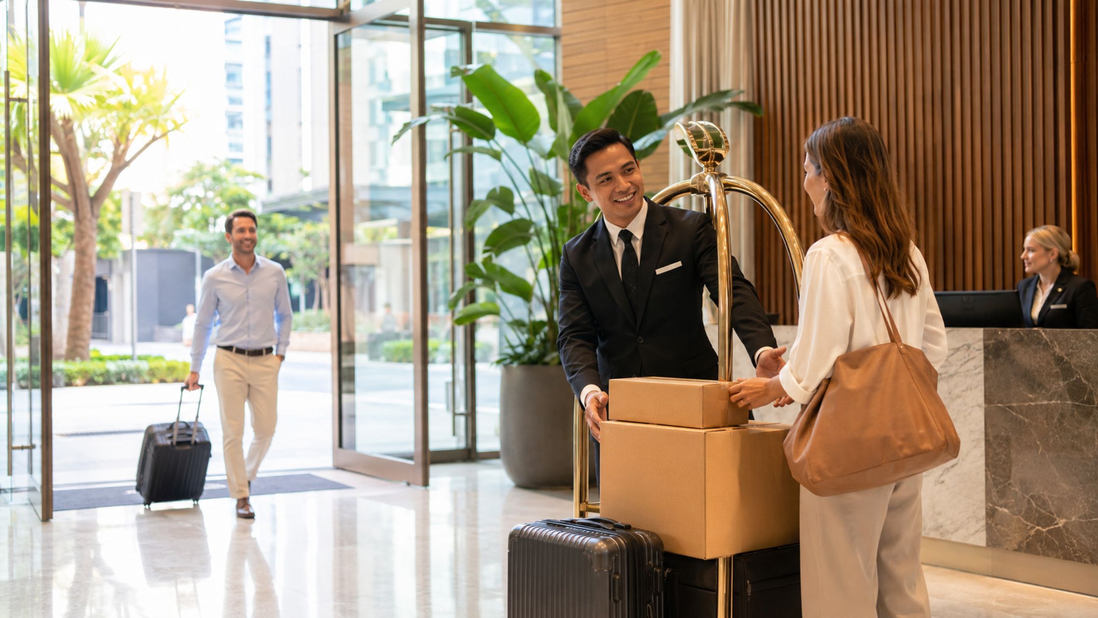 Friendly concierge welcoming residents in a luxury Sydney apartment building lobby.