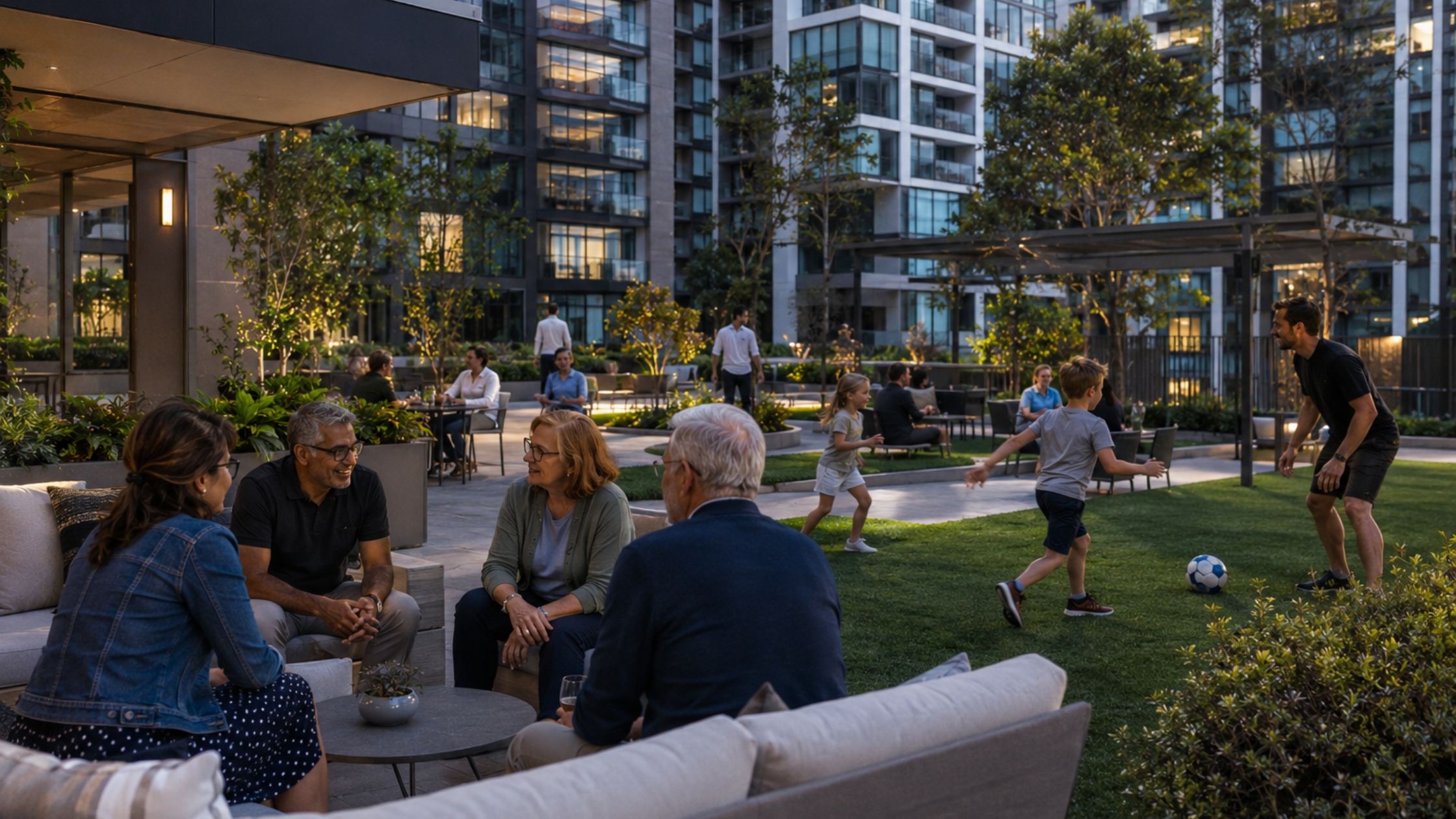 Happy residents enjoying community living in a professionally managed Sydney apartment complex