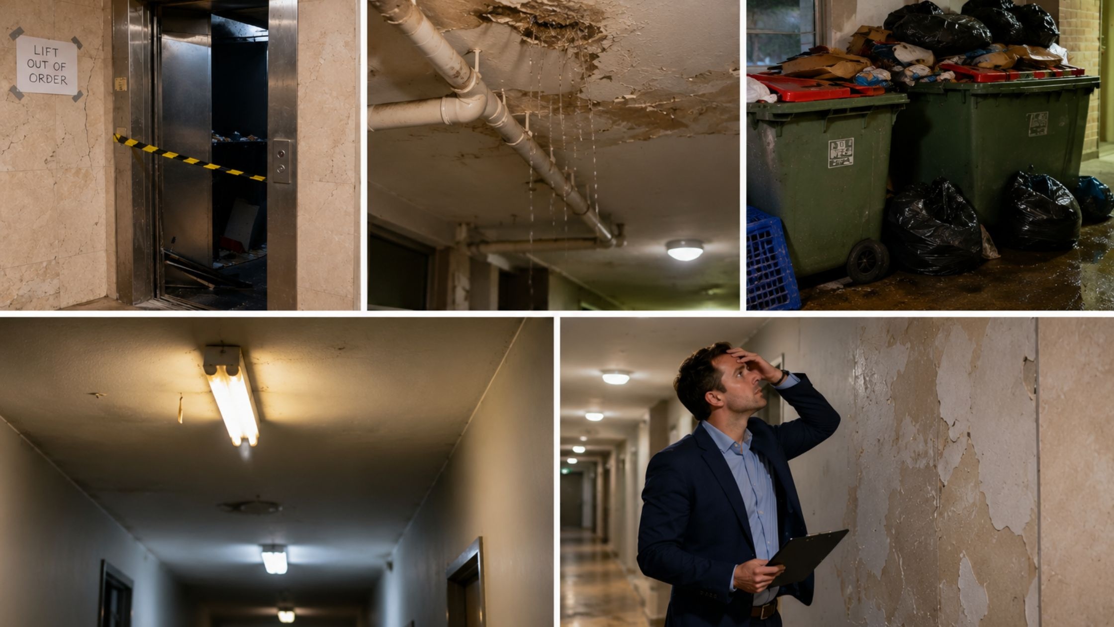 High-rise apartment maintenance problems in Sydney including broken lifts, leaks, and overflowing bins.