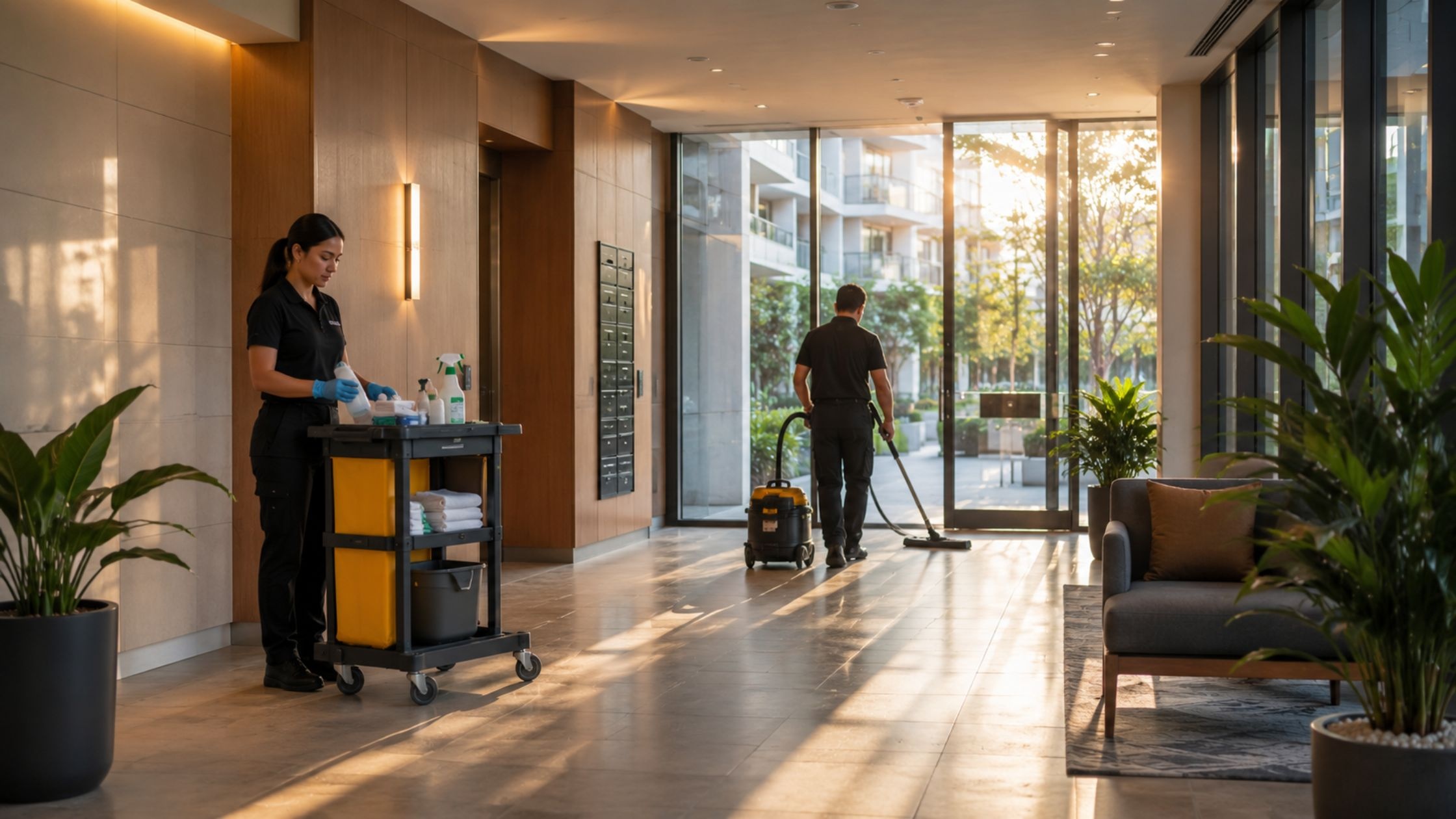 Organized strata cleaning operations inside a Sydney apartment building during early morning hours