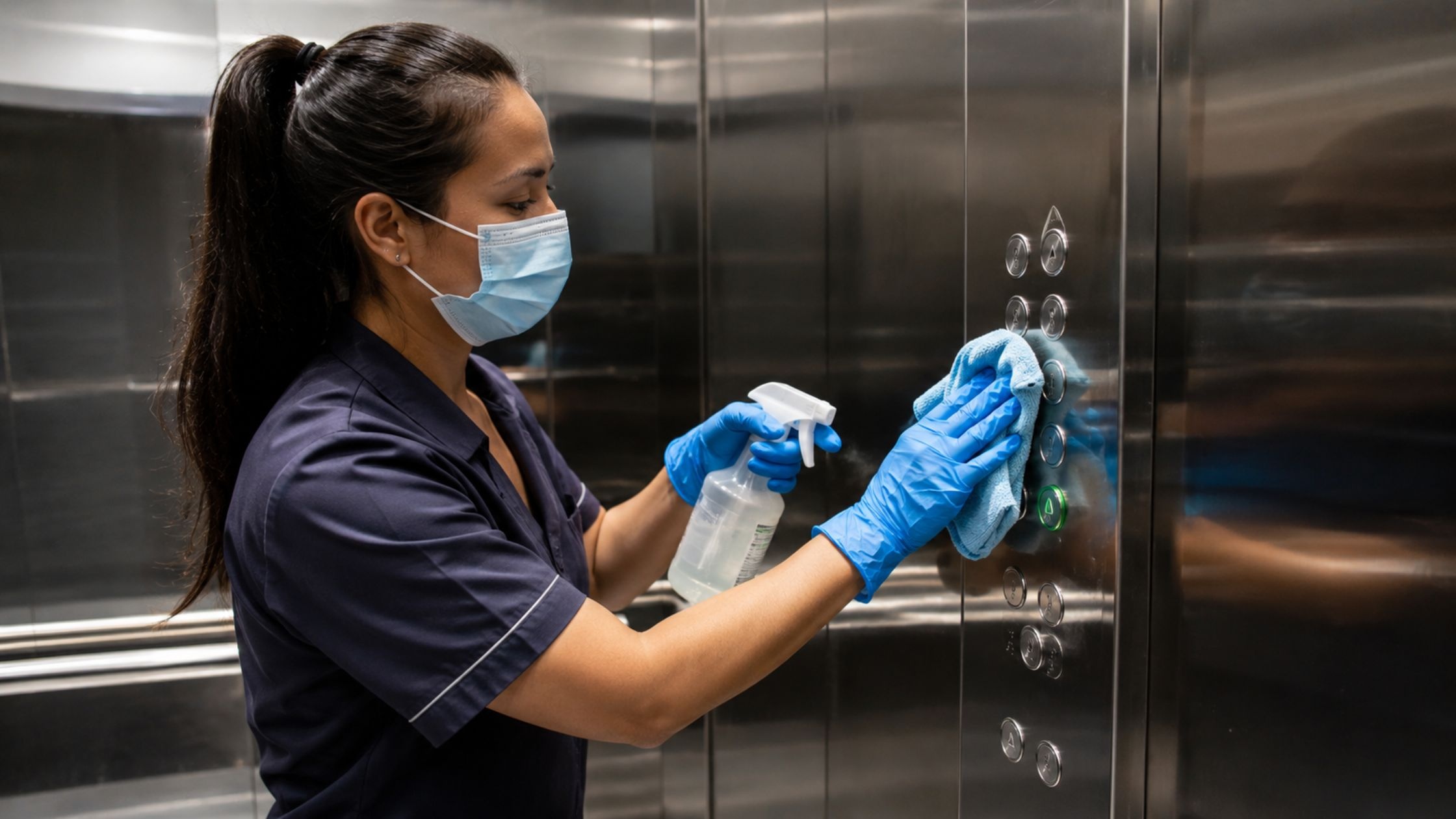 Professional cleaner disinfecting elevator buttons in a Sydney apartment building