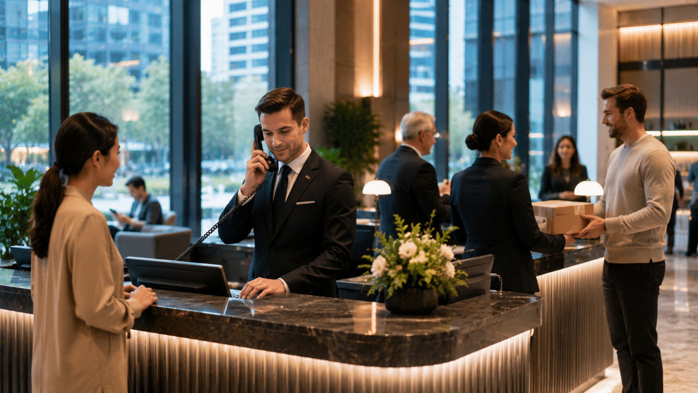 Professional concierge managing front desk operations in a Sydney high-rise building