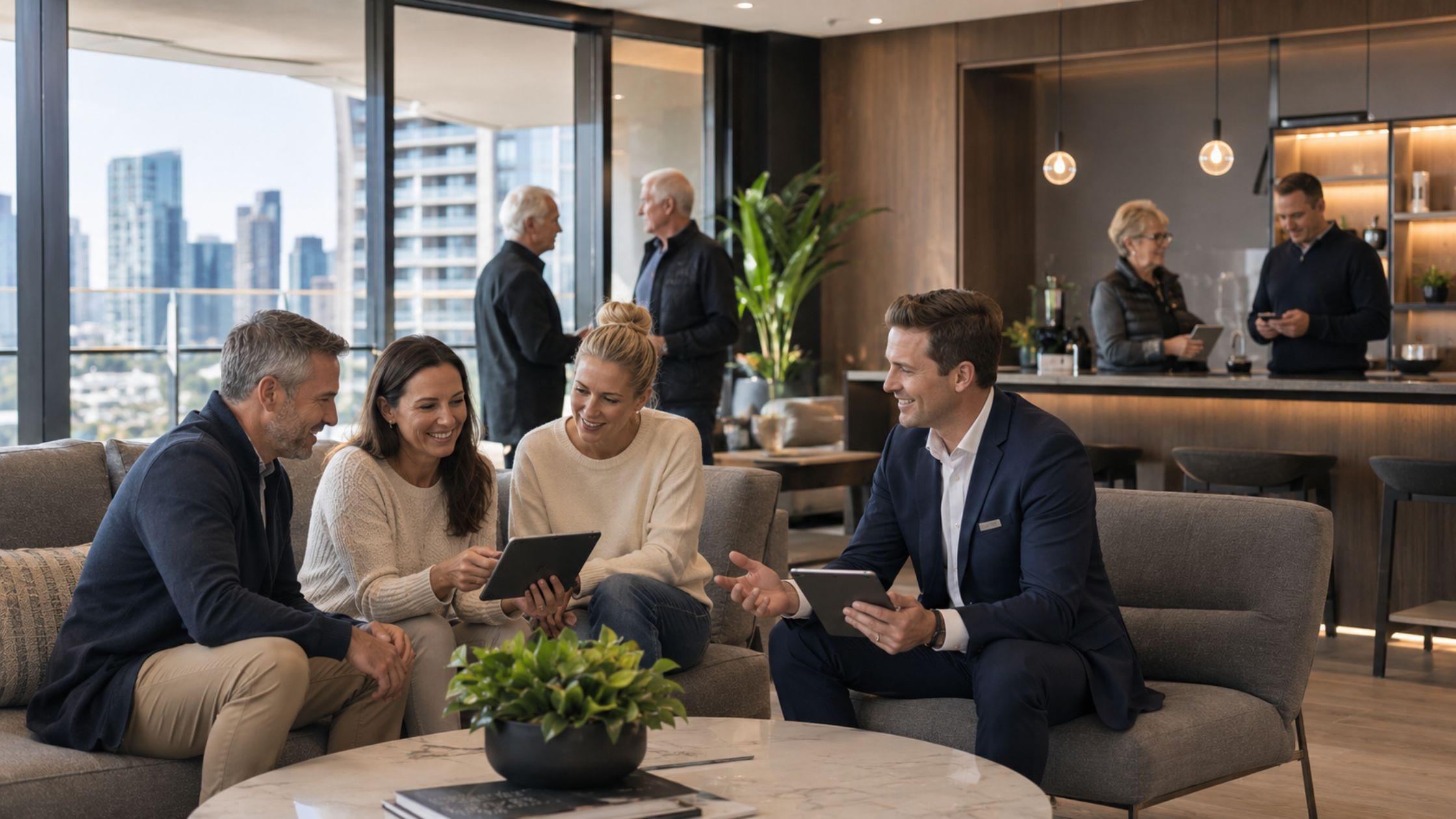 Residents and strata managers using digital communication systems in a Sydney apartment community