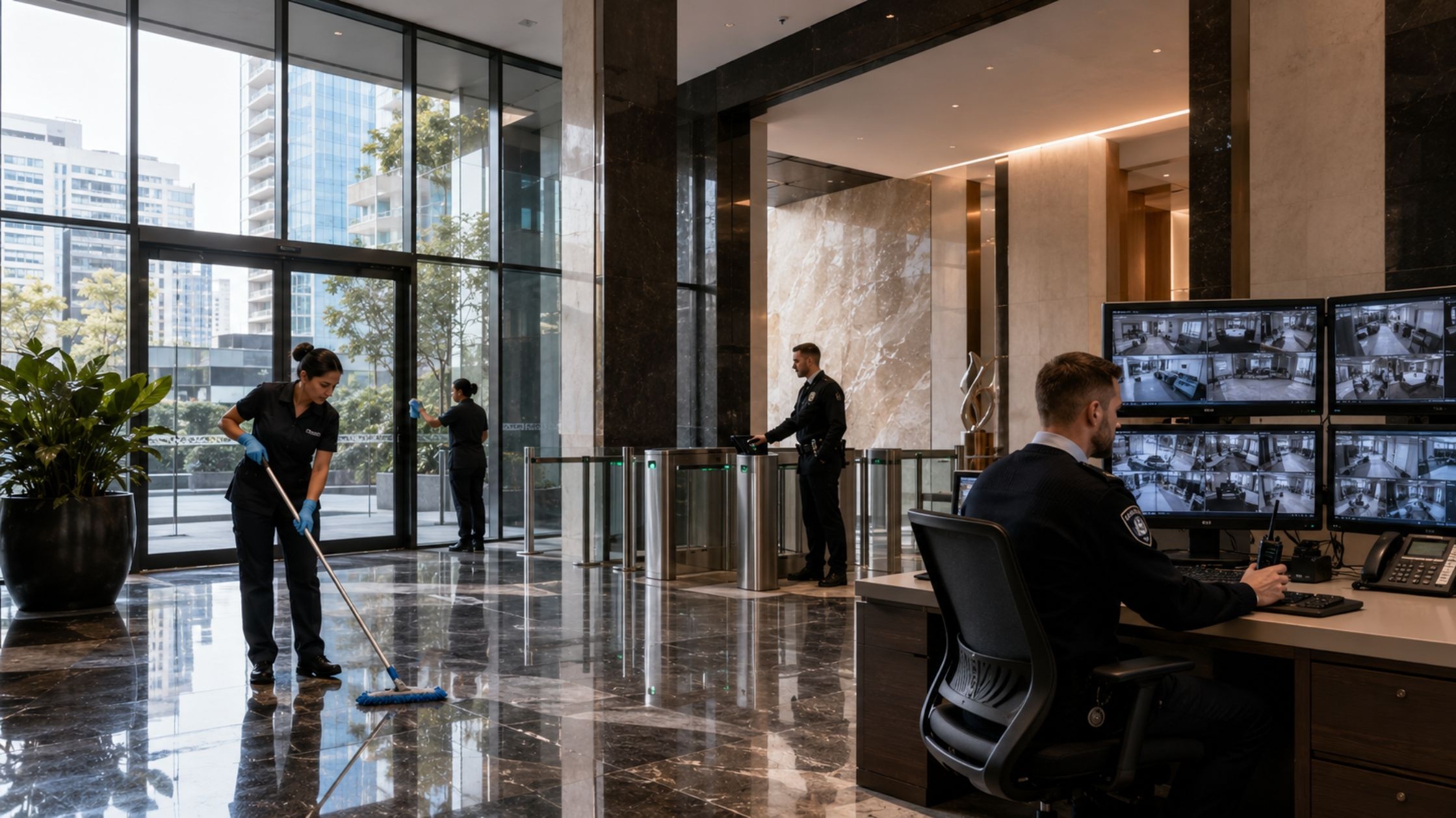 cleaning and security staff maintaining a luxury apartment building lobby in Sydney.