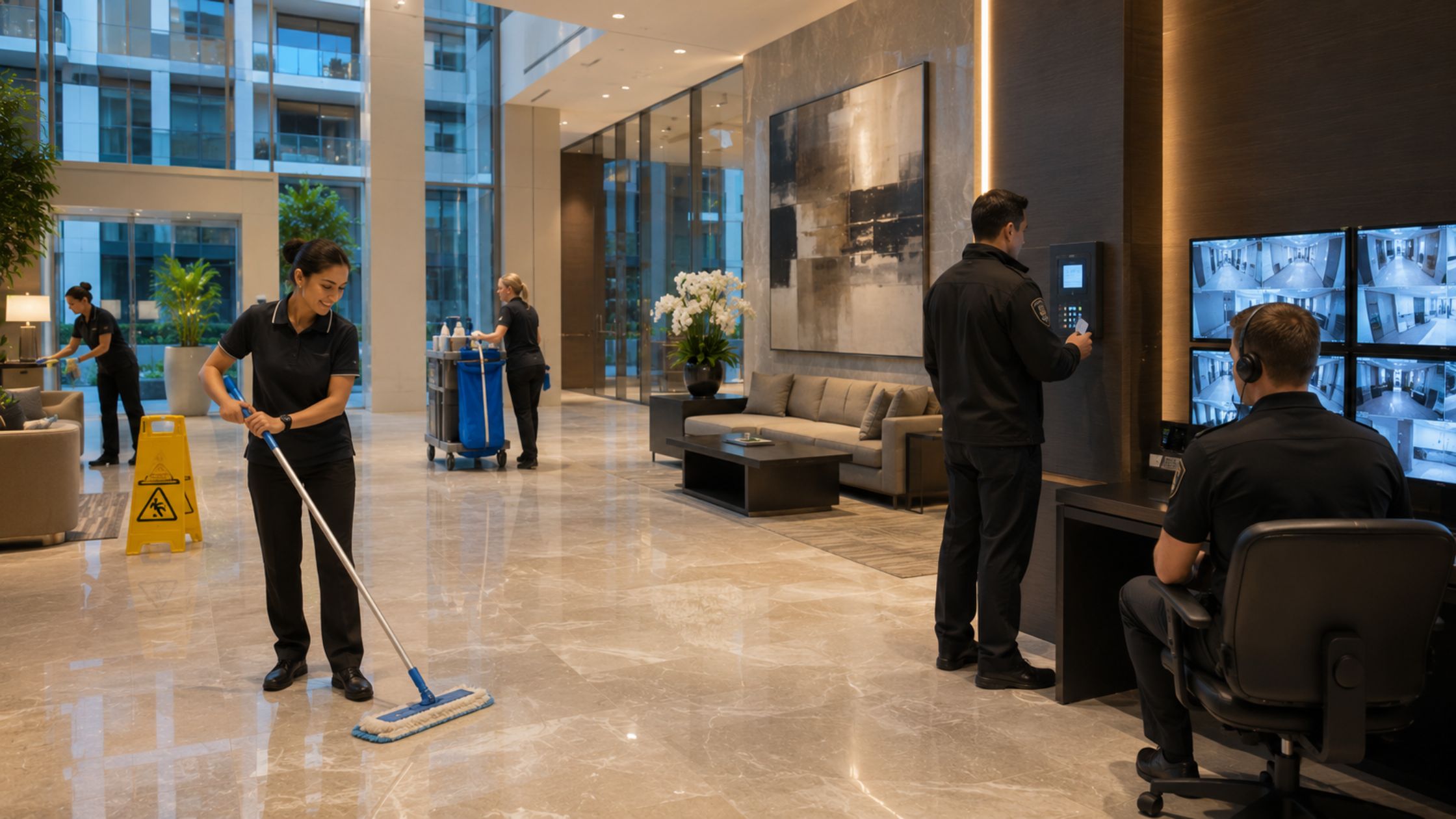 cleaning and security staff maintaining safe and hygienic apartment building common areas in Sydney