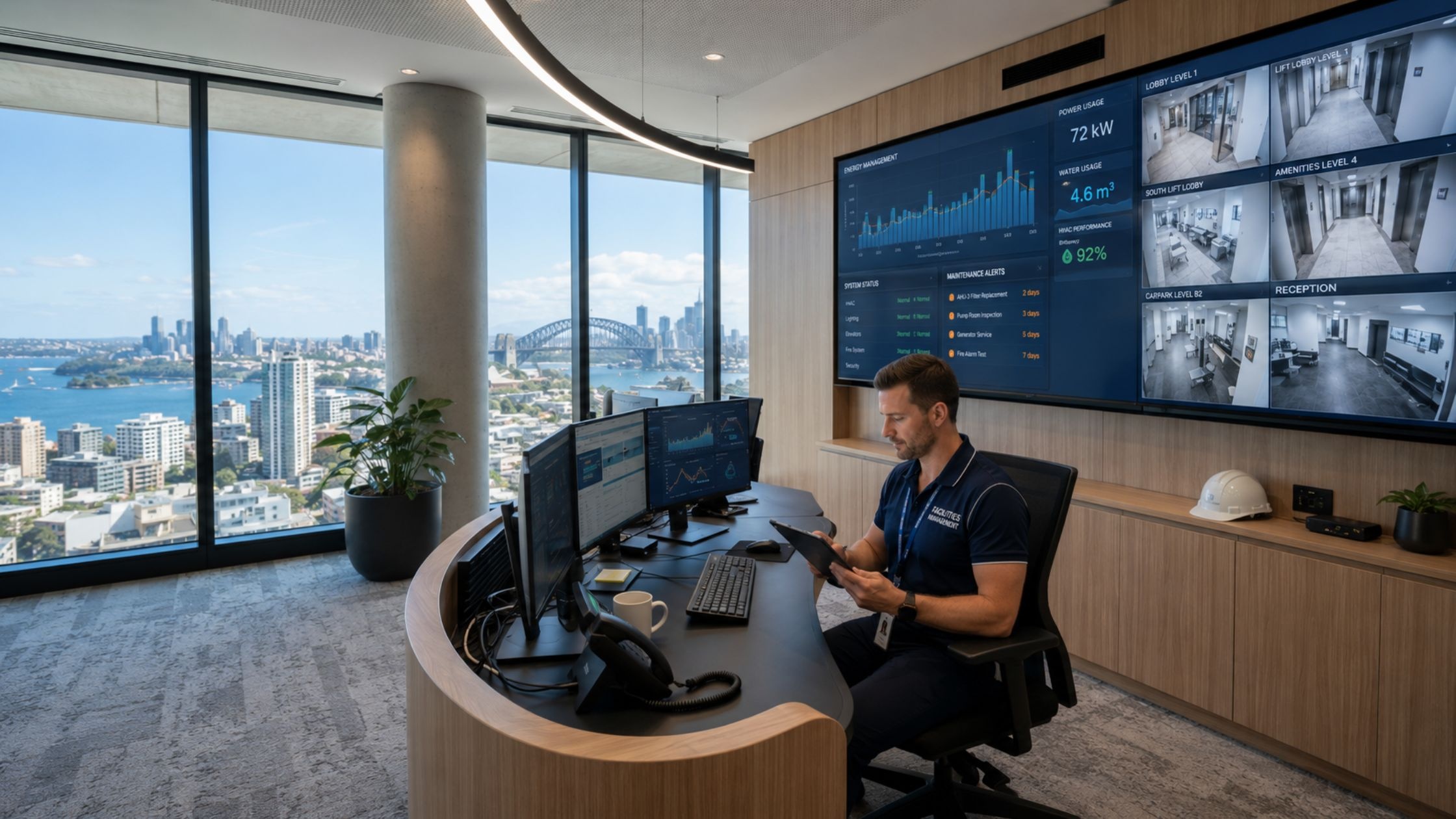 facility manager using smart building technology in a Sydney high-rise residential tower.