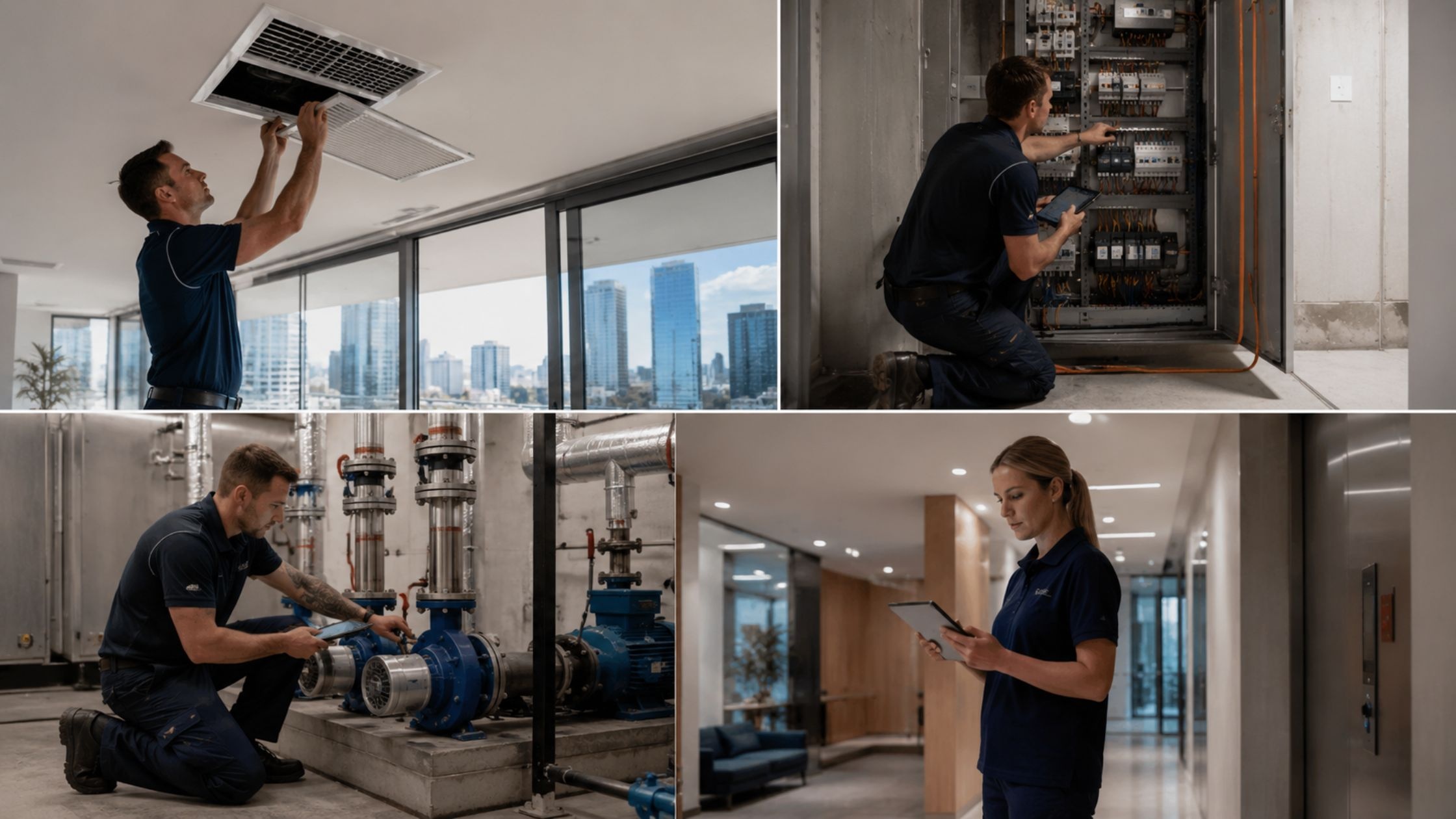 maintenance technicians inspecting HVAC, electrical, and water systems in a Sydney high-rise building.
