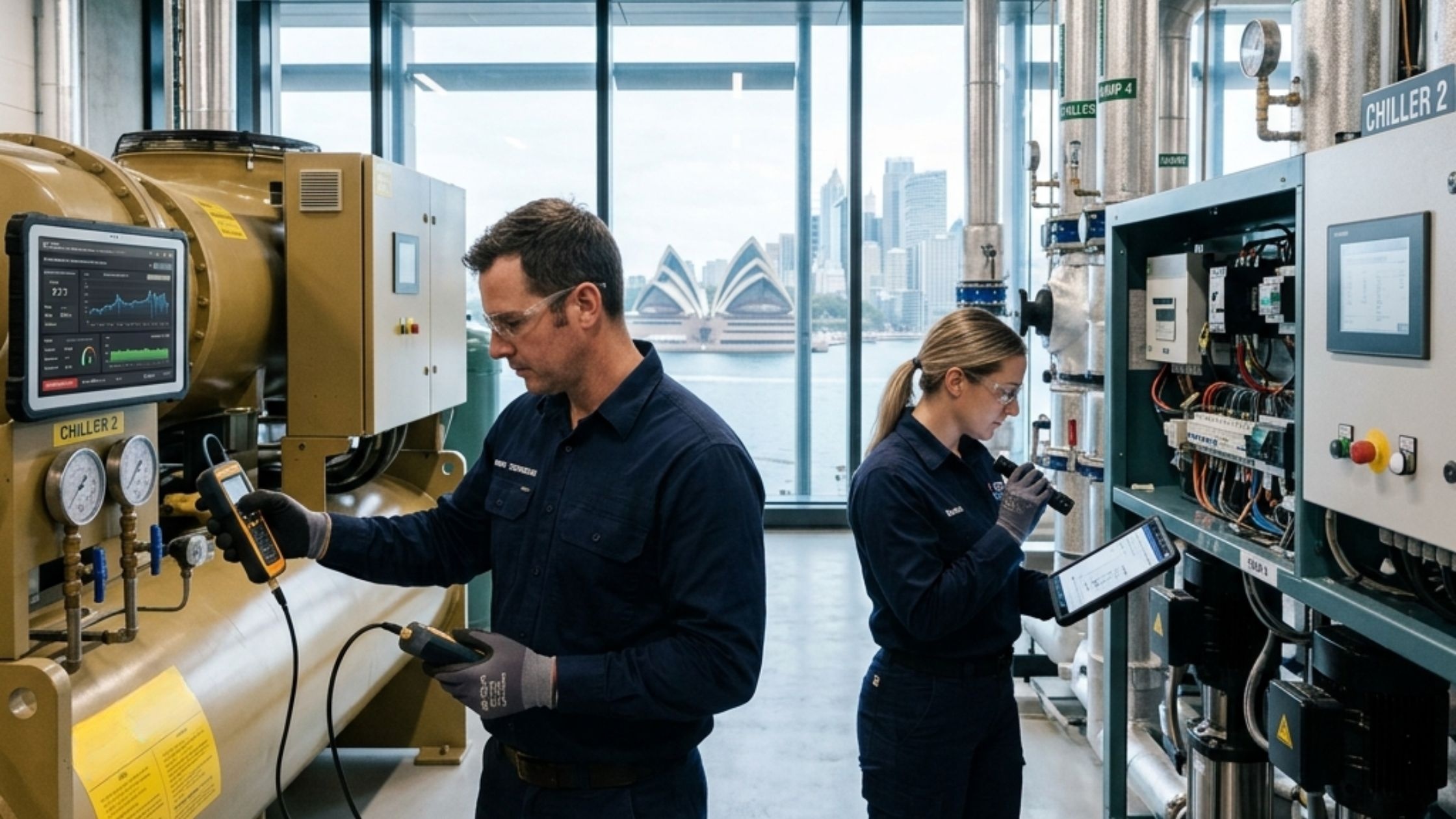 Predictive maintenance technicians inspecting commercial building systems in Sydney