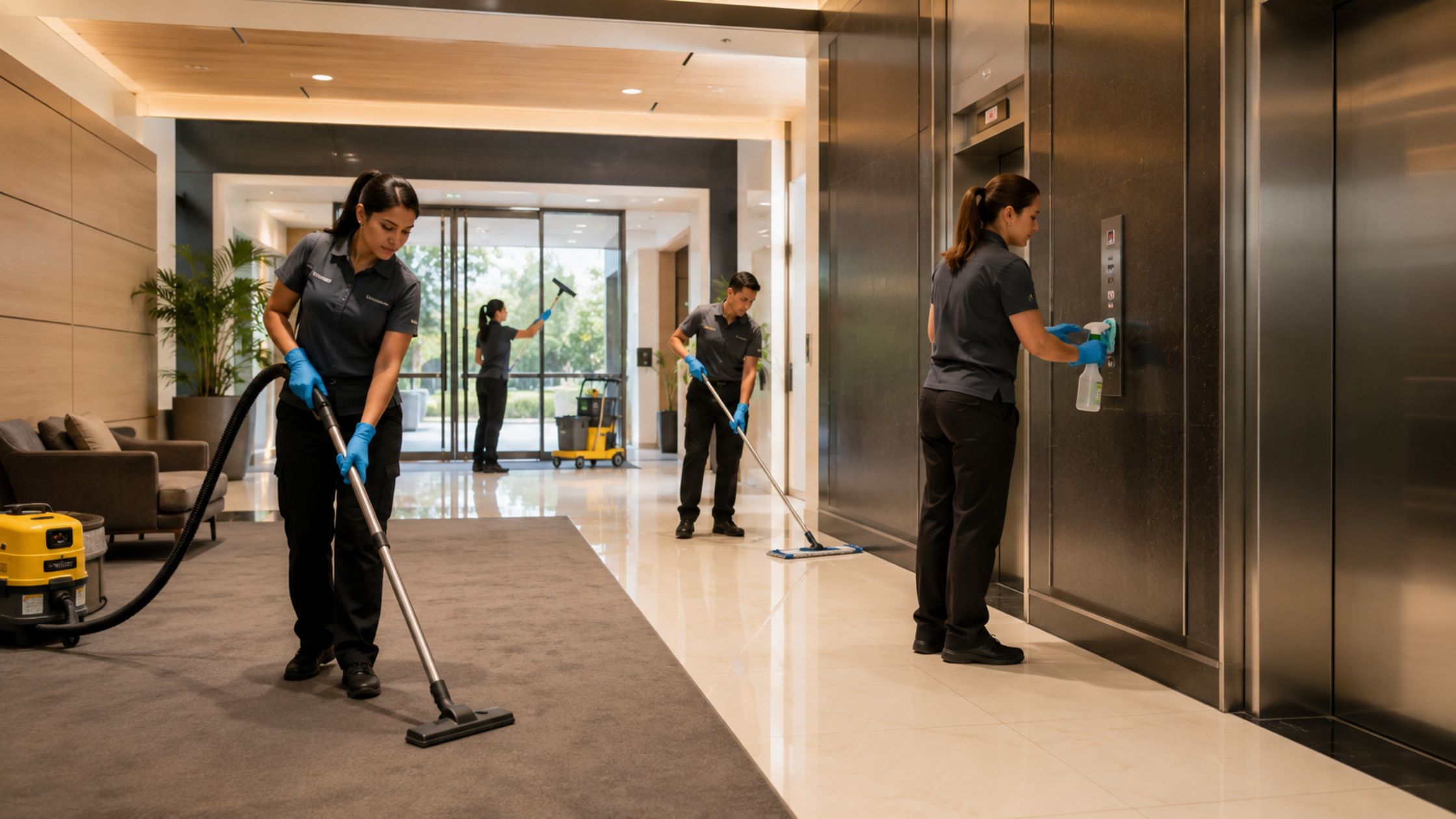 Professional strata cleaners maintaining common areas inside a Sydney apartment building